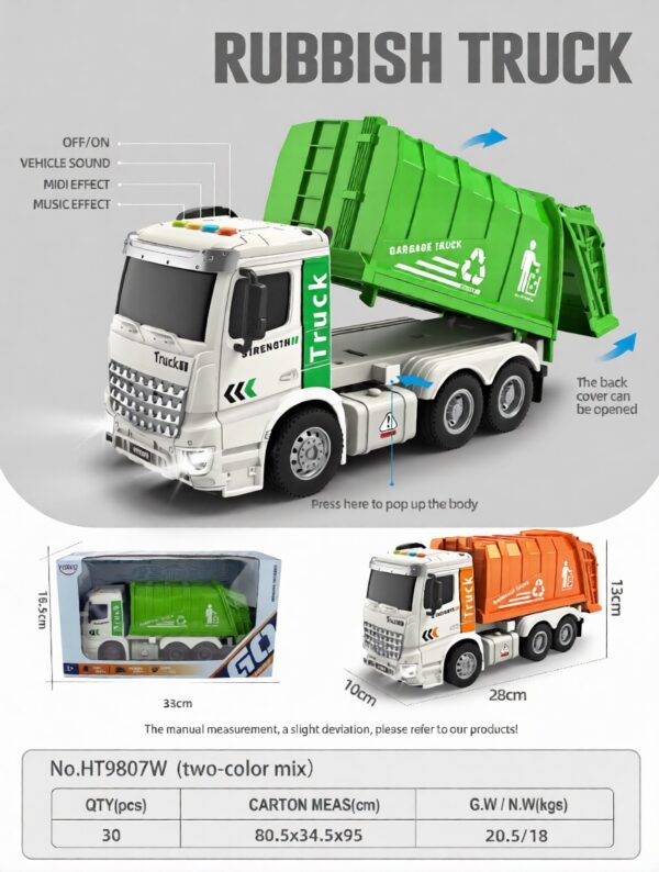 HT9807W-edited 1:16 Inertia trash truck with 4 key with light and music